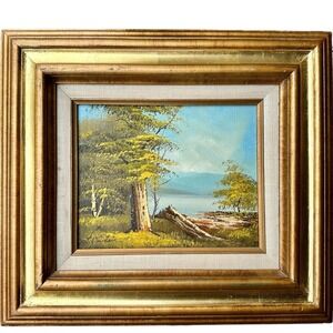 VTG Original Oil Painting 15x17 Inch Landscape Tree Forest Mountain River Signed